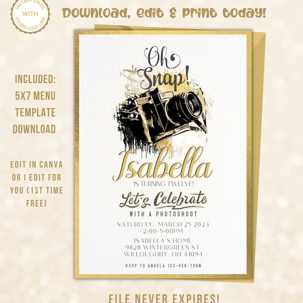 Editable Oh snap photoshoot Birthday Invitation, photography Invite, camera Birthday Party, Printable template Digital Instant Download