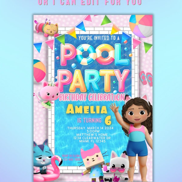 editable gabbys dollhouse pool party digital birthday invitation, editable and printable birthday party invitation template for canva