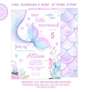 Editable Mermaid Birthday Invitation, Mermaid Invite, Under the Sea Birthday Party, Printable template Digital Instant Download
