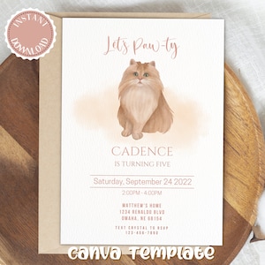 Cute cat or kitten Birthday invitation, cat Birthday Invitation, cat Theme Invite, Pawty Birthday Invitation, Editable Invitation