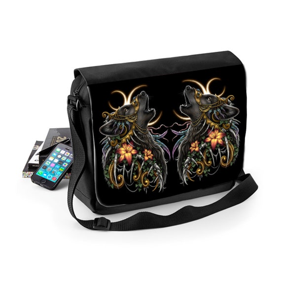 WSH HOWLING WOLF Messenger Bag mit ReiBverschlusstasche vorne und verstellbarem Gurt