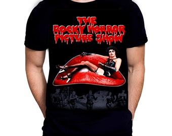 May include: Black t-shirt featuring a red and white graphic of a character from the film "The Rocky Horror Picture Show".
