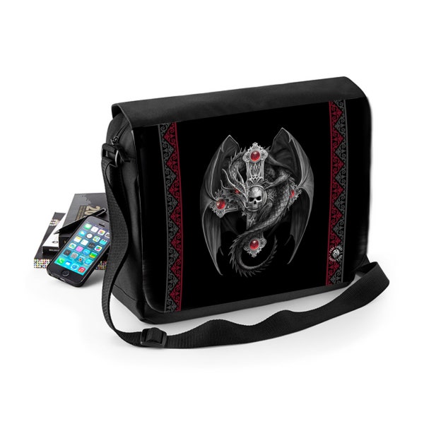 Anne Stokes - Gothic Dragon - Polyester Messenger Bag featuring zipped front pocket and adjustable strap