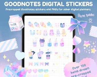 May include: Over 100 pastel-coloured digital stickers for Goodnotes and other digital planners. The stickers include a milk carton, ice cream cones, boba tea, bows, hearts, stars, and more. The stickers are pre-cropped and ready to use.