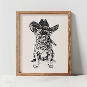 Bulldog francese, cowboy, arte cowgirl, stampa artistica, stampa d'arte western, arte murale western, arte del selvaggio West, decorazione retrò con cane da cowboy, SENZA CORNICE