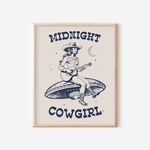 Cowgirl di mezzanotte, arte da cowgirl, stampa UFO, stampa artistica, stampa d'arte western, arte murale western, arte del selvaggio West, decorazione da cowboy vintage, senza cornice