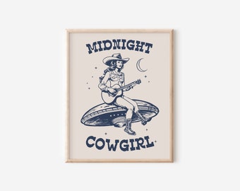 Midnight Cowgirl Art Print: Western UFO Illustration (UNFRAMED)