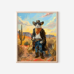 Arte del gatto cowboy, stampa artistica, stampa d'arte western, arte murale western, arte del selvaggio West, decorazione retrò da cowboy, senza cornice