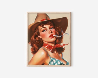 Cowgirl Wall Art, Vintage Cowgirl Art, Retro Western Art Print, Goth Cowgirl Art Print, Trendy Western Decor, Cigarette Cowgirl, UNFRAMED