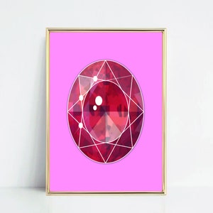 Può includere: Uno sfondo rosa con una grande forma di diamante geometrico rosso al centro. Il diamante ha un contorno bianco e punti bianchi all'interno.