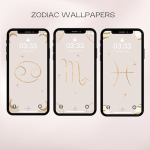 May include: Three phone screen mockups with zodiac signs. The signs are Cancer, Scorpio, and Pisces. Each phone screen has a gold zodiac sign on a beige background with gold stars and a crescent moon.