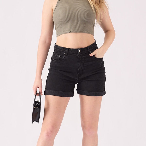 High Waisted Shorts Turn Up Mom Black Wash | Stretchy Denim Shorts | Jean Shorts for Teens