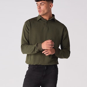 Polo Shirts for Men Khaki | Long Sleeve Polo Shirt | Men Polo Shirt | Mens Sweatshirt | Men&#39;s Golf Polo Shirt