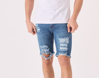 Mens Ripped Denim Shorts: Slim Fit Light Blue Wash