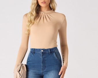 Beige Long Sleeve Bodysuit: Ruched High Neck, Slim Fit Leotard