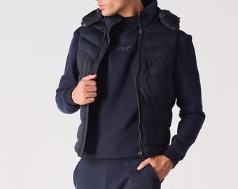 Dark Blue Padded Puffer Jacket Men's Sleeveless Vest