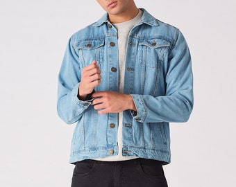 Fashionable Men's Denim Jacket Light Blue Jeans Jacket Streetwear Style Stand Slim Jacket