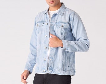Chaqueta vaquera azul estilo western para hombre, chaqueta vaquera de algodón con botones y detalles western, estilo vintage, moda casual vaquera.