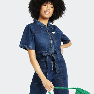 Denim Jumpsuit Short Sleeve Dark Blue Womens Jumpsuit Blue Jean Jumpsuit Personalised Gift image 1