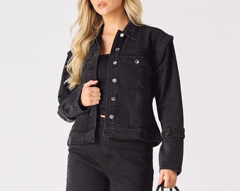 Women Denim Jacket Tapered Removable Sleeves Black Wash | Streetwear Denim Jacket | Sleeveless Jacket | Vintage Jacket Women | Y2k Jacket