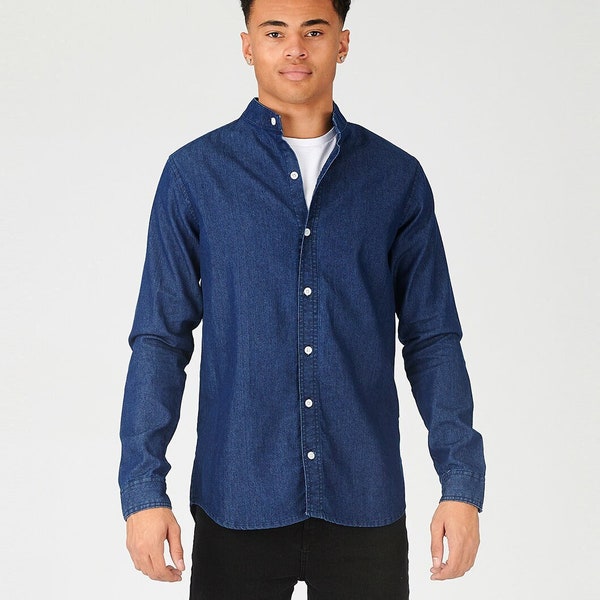 Denim Grandad Collar Shirt Etsy