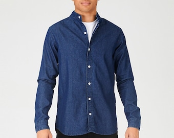 Camicia di jeans Slim Fit Grandad Collar Blu indaco / Camicie da uomo / Camicia estiva / Regalo per uomo