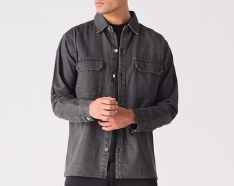 Grey Wash Cotton Cargo Shirt: Men's Oversized Denim Overshirt