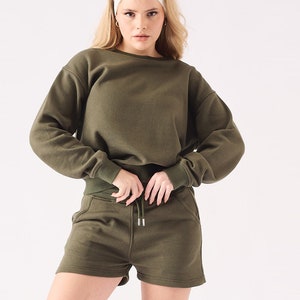Khaki Crewneck Sweatshirt: Relaxed Fit Cotton-Blend Jumper
