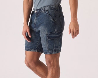 Blaue Denim Cargo-Shorts : Herren Baumwoll Freizeitkleidung
