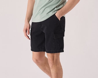 Men's Black Wash Denim Cargo Shorts: Cotton Summer Streetwear