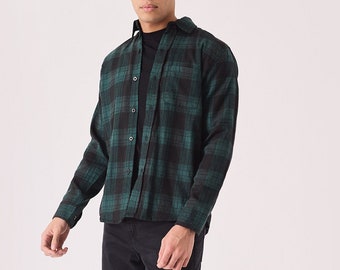 Check Shirts Plaid Flannel Dark Green Black | Mens Shirts | Summer Shirt | Gift for Men