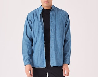 Men's Slim Fit Denim Shirt with Grandad Collar, Blue Summer Shirt, Casual Long Sleeve Men’s Shirt, Gift for Men