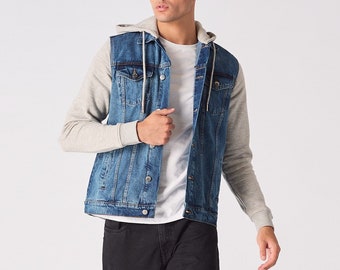 Herren Mid Blue Wash Jeansjacke: Freizeitjacke mit Fleece-Kapuze