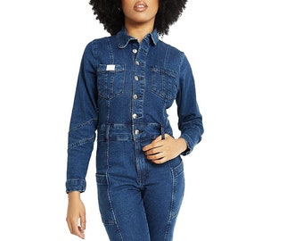 vintage - Combinaison élégante ajustée bleu foncé délavé à manches longues | Combinaison en jean | Robe femme | Été