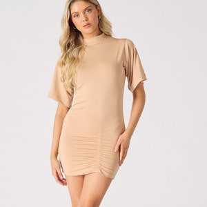 Women Mini Dress Beige | Short Sleeve Dress | Ruched Dress | Summer Mini Dress | Party Dress Women | Slim Fit Dress