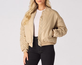 Oversize Bomber Jacket Beige | Padded Jacket | Women Varsity Jacket | Baseball Jacket | Vintage Bomber Jacket | Hip Hop Jacket | Clothing