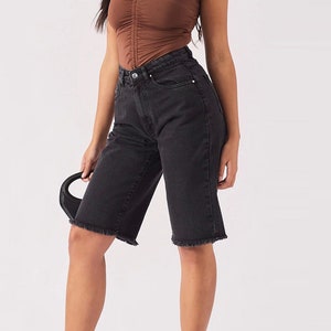 Black High Waisted Denim Bermuda Shorts| Women Denim Shorts | Holiday Shorts | Raw Hem Denim Shorts