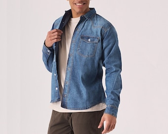 Slim Fit Denim Shirt Men’s Mid Blue Wash, 100% Cotton Long Sleeve Casual Shirt, Vintage Style, Summer & Fall Men’s Shirt for Everyday Wear
