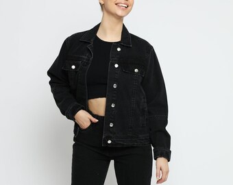 Women's Vintage Denim Jacket, Black Wash Soft Denim Trucker Long Sleeves Jacket, Ladies Casual Jean Jacket, Streetwear Outerwear Workwear
