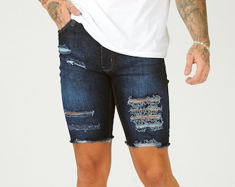 Slim Fit Ripped Denim Shorts Men, Mid Blue Wash Jean Shorts, Men Beach Shorts, Distressed Style, Casual Summer Men’s Shorts