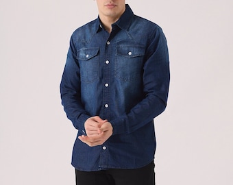 Slim Fit Indigo Denim Shirt: Mens Cotton Long Sleeve