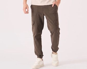 Men's Dark Brown Twill Cargo Joggers: Multi-Pocket Y2K Pants
