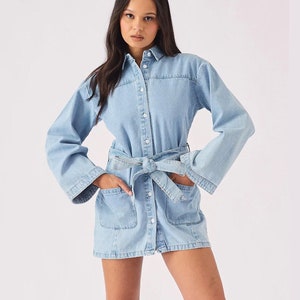 Women Dress Denim Tie Wrap Light Blue Wash Summer Dress Women Women Clothing image 1