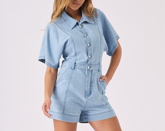 Womens Denim Jumpsuit Blue | Formal Jumpsuit Woman | Short Sleeve Romper | Fashionable Denim Jumpsuit  | Denim Jumpsuit Shorts | Women Gifts