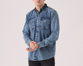 Slim Fit Acid Wash Denim Shirt for Men, Long Sleeve Cotton Button-Up, Casual Vintage Blue Shirt, Summer & Edgy Style, Gift for Men