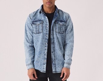 Men's Slim Fit Denim Shirt , Blue Acid Wash Long Sleeve Summer Shirt for Men and Gift for Mens
