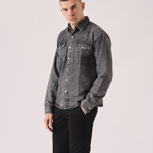 Camisa para hombre, moderna, de corte entallado, de mezclilla gris con lavado ácido, camisa de verano, camisa vintage, regalo para él