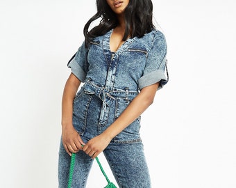 Vintage Jumpsuit Woman Blue Acid Wash | Short Sleeve Jumpsuit | Women's Dungarees Jumpsuit | Jumpsuit Women Formal