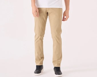 Men's Beige Slim Fit Stretch Cotton Chino Trousers, 5-Pocket Style Work Pants