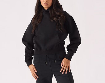Black Overhead Hoodie: Women's Streetwear Fleece Sweatshirt
